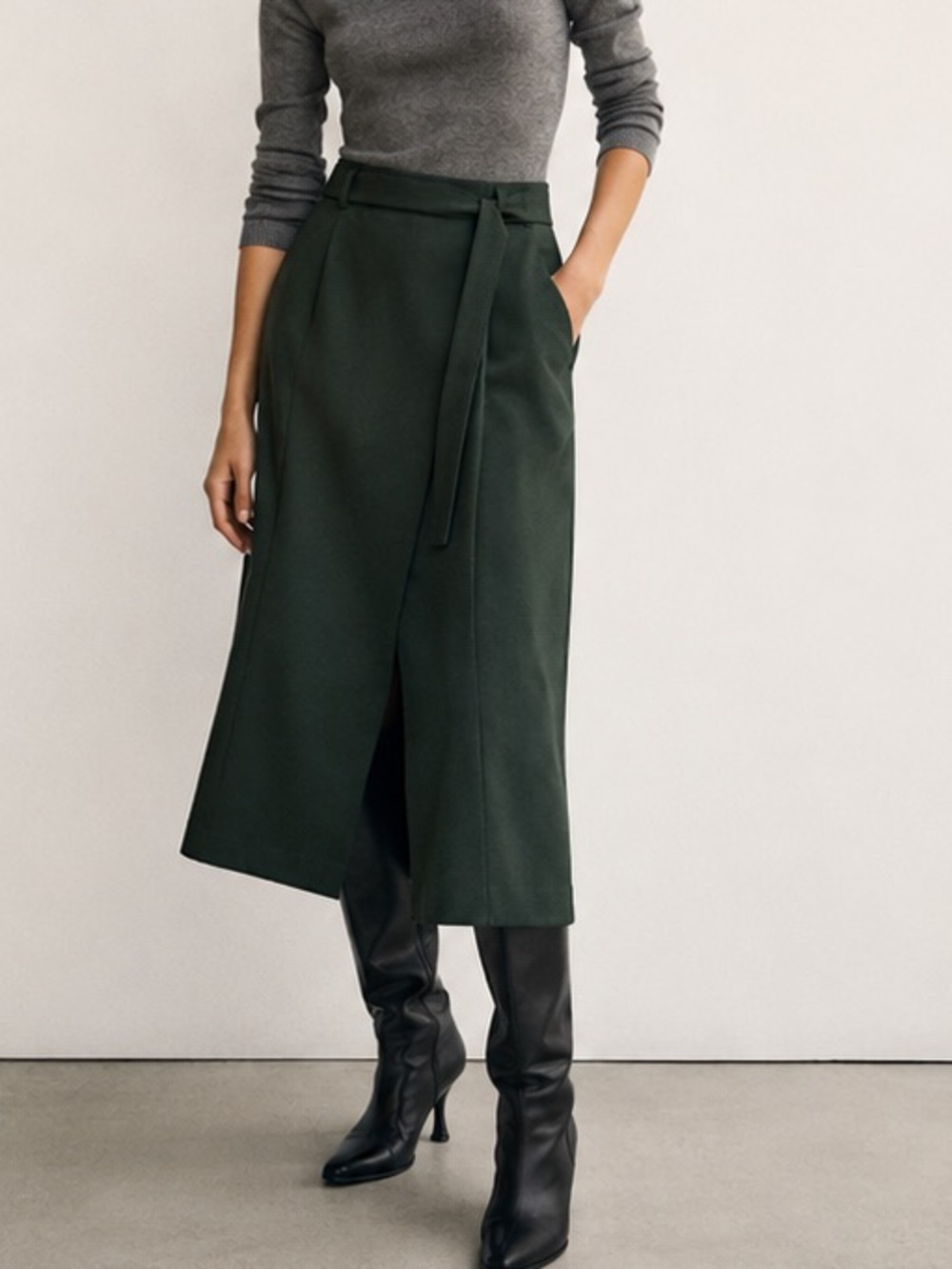 Massimo Dutti Dark Green Wrap Midi Skirt with Belt